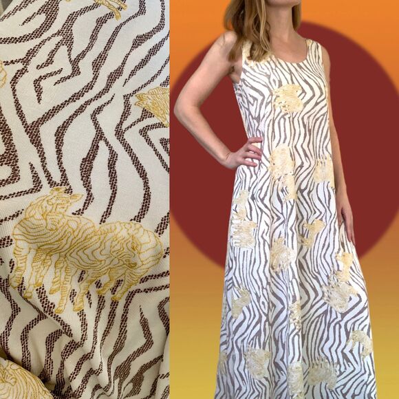 70s Zebra Stripe Dress Maxi Sleeveless Vintage S M - Picture 2 of 10